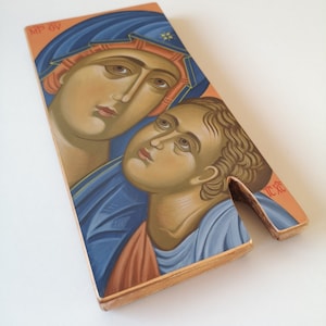 Virgin Mary Sweet Kissing (Παναγία Γλυκοφιλούσα) Hagiography, Handpainted Greek Orthodox Icon,  Byzantine Church Christian Icon, Aged Wood