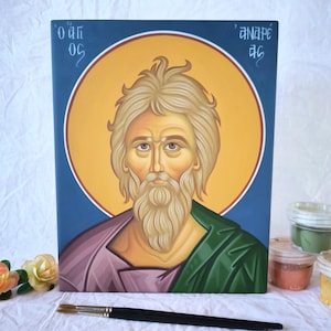 Saint Andrew, Hand painted, Free Wooden Gift Box, Orthodox, Iconography, Wooden, Religious Byzantine, Church Icon, Christian Icon