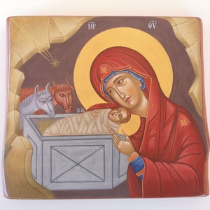 Hand-Painted Nativity Icon: Byzantine Greek Orthodox Art on Aged Wood