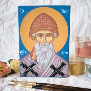 Saint Spyridon, Hand painted, Free Wooden Gift Box, Orthodox, Iconography, Wooden, Religious Byzantine Church Icon, Christian, Icon