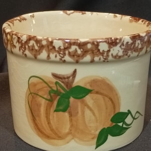 Vintage small fall crock with pumpkin and red speckle on rim made by Alpine Pottery 1997
