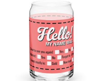 Reunion ‘Name Tag’ can-shaped glass Funny irreverent humor gag