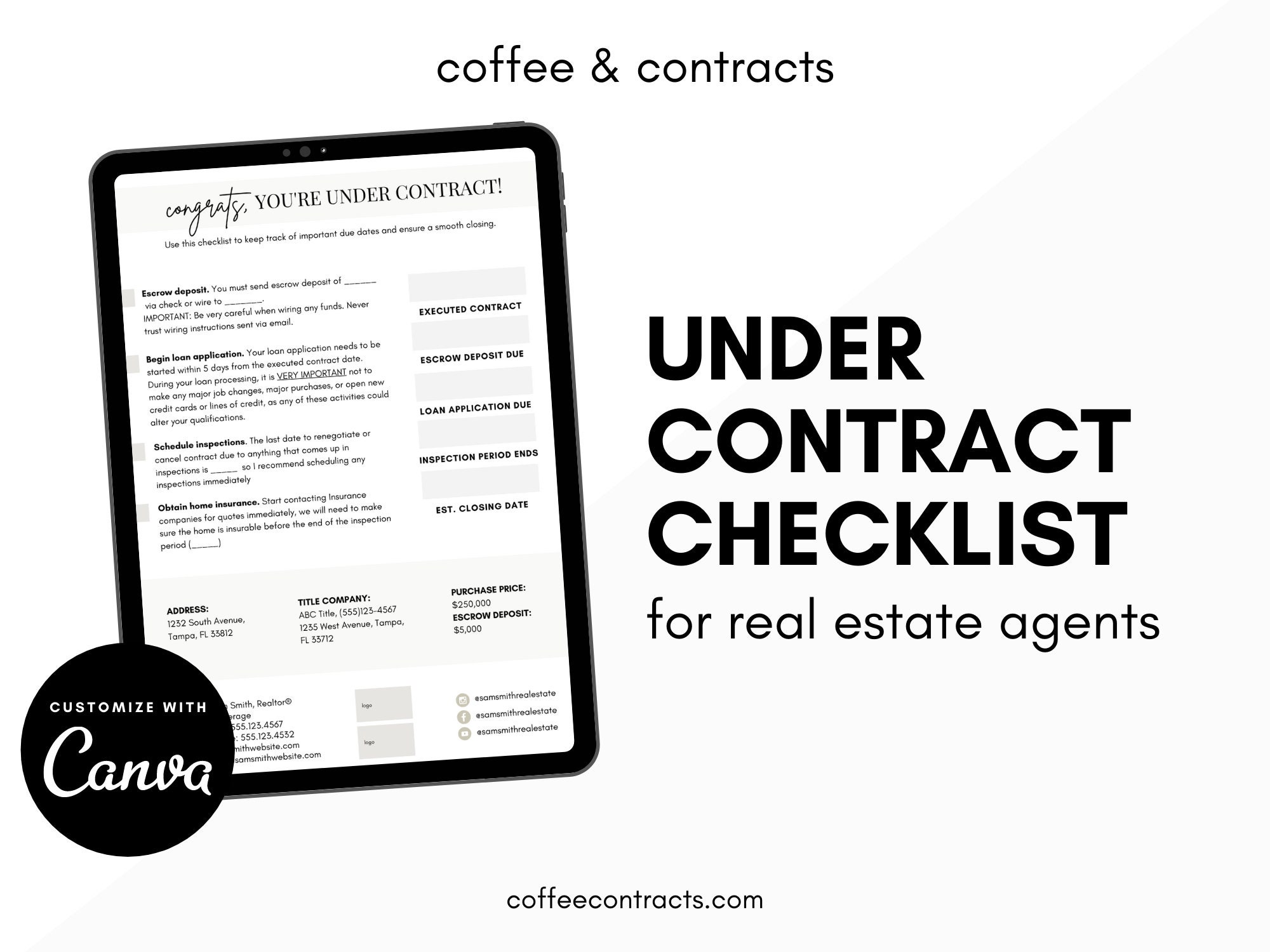 Under Contract Checklist for Real Estate Agents Etsy