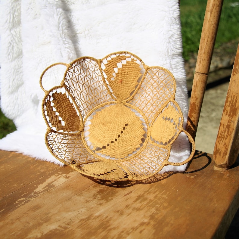 vintage hand woven grass on wire basket