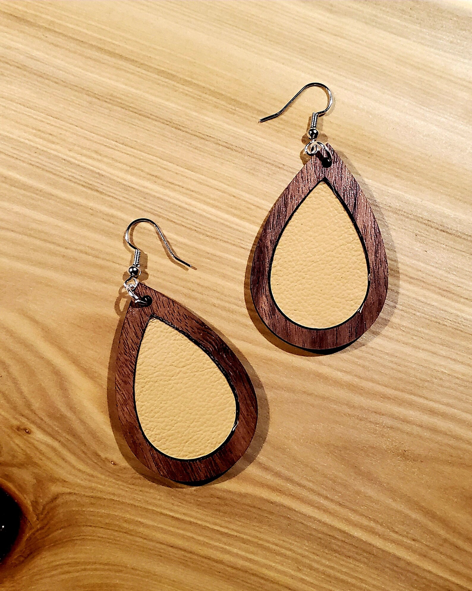 Leather Inlay Wood Earrings Teardrop Earrings Lightweight Etsy