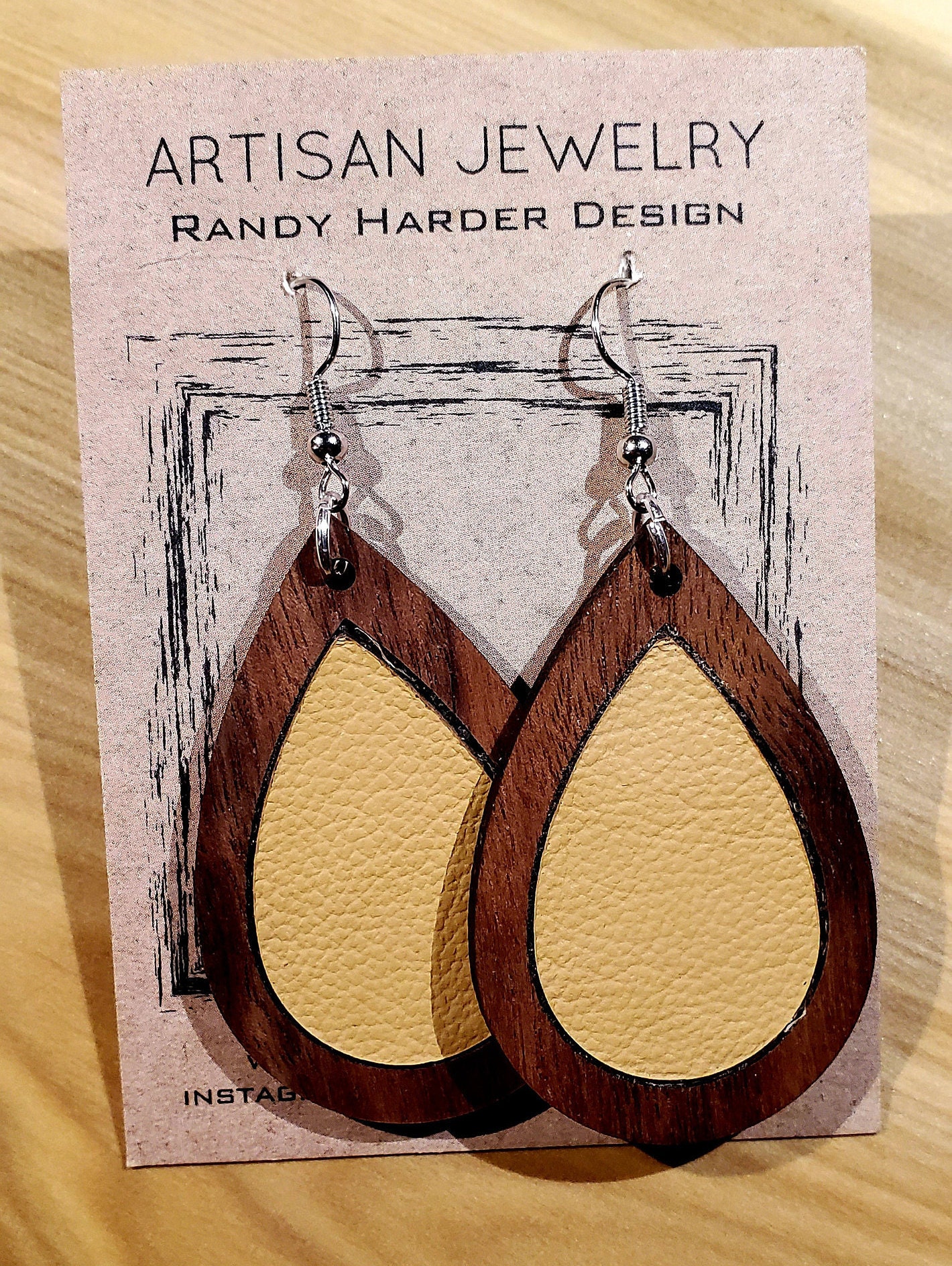 Leather Inlay Wood Earrings Teardrop Earrings Lightweight Etsy