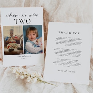 May include: A thank you card with a black and white design. The card features two photos of children, a boy and a girl, with the text "when we were two" above the photos. The text "RORY and SOPHIE 28.03.25" is below the photos. The card also includes a thank you message with the text "THANK YOU" at the top and the text "RORY and SOPHIE" at the bottom.