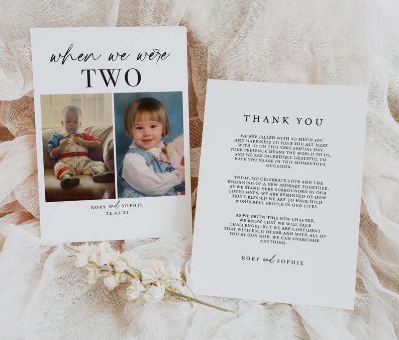 May include: A thank you card with a black and white design. The card features two photos of children, a boy and a girl, with the text "when we were two" above the photos. The text "RORY and SOPHIE 28.03.25" is below the photos. The card also includes a thank you message with the text "THANK YOU" at the top and the text "RORY and SOPHIE" at the bottom.