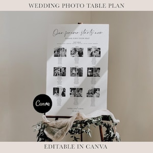 May include: A wedding table plan with the words "Our forever starts now." The plan features seating arrangements with photos, names, and table numbers. The design is monochrome, with the text "Editable in Canva."
