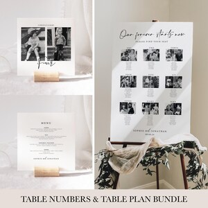 May include: A printable wedding table plan and table number set featuring a black and white photo collage of children. The table plan has the text "Our forever starts now" and the table numbers are numbered one to nine. The table plan also includes the names "Sophie and Jonathan" and the date "35.09.24".
