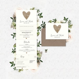 Rustic Heart Concertina Wedding Invitation. Personalised Invite Or Save The Date Cards With Envelopes ,Rsvp, Guest Info, Menu.