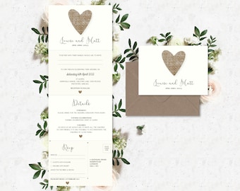 Rustic Heart Concertina Wedding Invitation. Personalised Invite Or Save The Date Cards With Envelopes ,Rsvp, Guest Info, Menu.