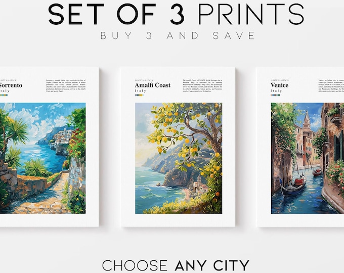 Set van 3 elke stad aangepaste prints, elke stad schilderij prints, aangepaste gepersonaliseerde muurkunst, reisposter gepersonaliseerd cadeau