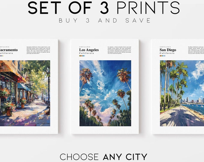 Travel prints Set of 3, Any city painting prints, Custom personalised wall art, travel poster  personalised gift