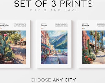 Travel City Set of 3 prints, Any city painting prints, Custom personalised wall art, travel poster personalised gift