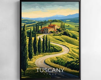Tuscany Italy Poster Travel Wall Art Rolling Hills Countryside Village Landscape Illustration Print