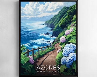 Azores Print Portugal Travel Wall Art Atlantic Islands Landscape Cliffs Ocean Illustration Poster