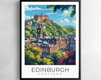 Edinburgh Scotland Print  Travel Wall Art Castle Skyline Cityscape Illustration Poster