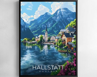 Impression d'art mural de voyage Hallstatt, Autriche, illustration d'un village au bord du lac Poster
