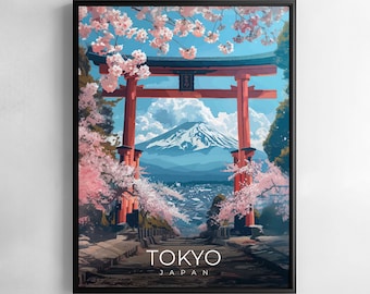 Tokyo Print Japan Travel Wall Art Torii Gate Illustration Poster Cherry blossoms