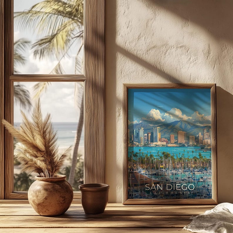 San Diego California Travel Poster Wall Art Coastal Cityscape ...