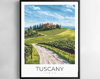 Tuscany Italy Travel Print Wall Art Rolling Hills Countryside Village Landscape Illustration Poster