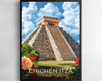 Chichen Itza Mexico Print Travel Wall Art Ancient Ruins Illustration Poster