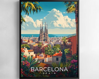 Barcelona Spain Travel Wall Art Sagrada Familia Cityscape Illustration Poster