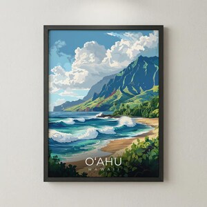May include: A framed wall art print depicting a coastal landscape in Hawaii. The scene features a sandy beach, turquoise ocean waves, and lush green mountains under a blue sky with white clouds. The text O'AHU HAWAII is printed at the bottom.