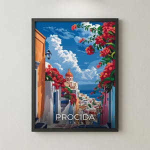 May include: A framed art print depicting a scenic view of Procida, Italy. The artwork features a street scene with buildings in shades of orange, white, and pink, with red flowers and a blue sky. The word "PROCIDA" is displayed at the bottom.