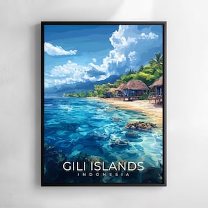 Op de afbeelding: Ingelijste kunstdruk met een tropische strandscène met turquoise water, een zandstrand en verschillende hutten met rieten daken. De lucht is blauw met pluizige witte wolken. De woorden "Gili Islands Indonesia" staan onderaan afgedrukt.