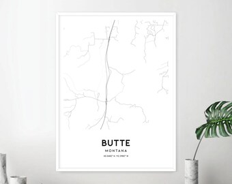 Butte Map Print, Butte Map Poster Wall Art, Mt  City Map, Montana Print Street Map Decor, Road Map Gift, D1887