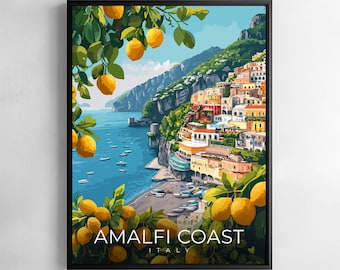 Amalfi Coast Print Italy Travel Wall Art Cliffside Village Illustration Poster lemons art
