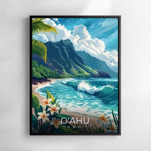 May include: A framed art print of a Hawaiian beach scene. The artwork depicts a turquoise ocean with waves, a sandy beach, lush green mountains, and white flowers. The text "O'AHU HAWAII" is at the bottom of the print.