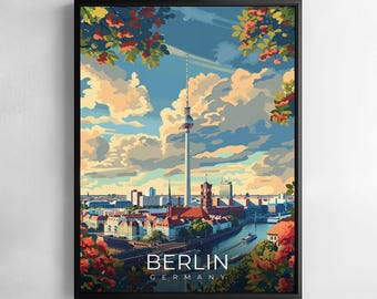 May include: A framed art print featuring a stylized illustration of Berlin, Germany. The artwork depicts the city skyline with the iconic TV Tower, a river, and colorful buildings under a cloudy sky. The word "BERLIN" is displayed prominently.