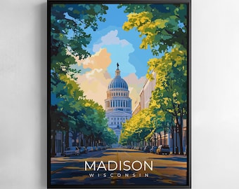 Madison Poster Wisconsin Resa Väggkonst Stadslandskap Sjöar Kapitolium Arkitektur Illustration Tryck