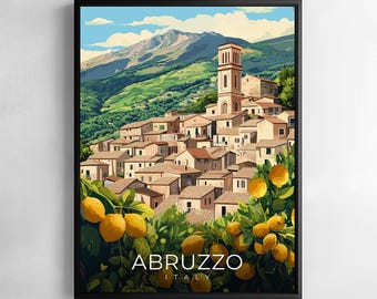 Abruzzo Print Italy Travel Wall Art Mountains Villages Countryside Landscape Illustration Poster