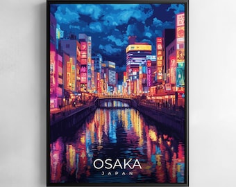 May include: A framed art print depicting a nighttime cityscape of Osaka, Japan. The artwork features vibrant neon lights reflecting in the water, with the word "OSAKA" and "JAPAN" in white text at the bottom. The sky is a deep blue.