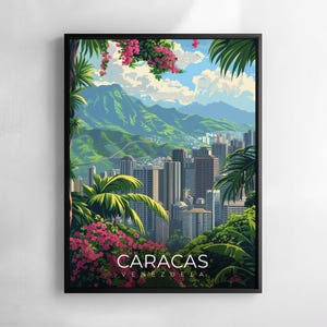 Caracas Venezuela Poster Travel Wall Art Cityscape Mountains Greenery Illustration Print