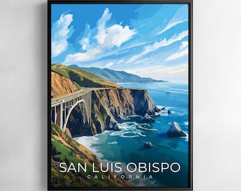 San Luis Obispo California Print Travel Wall Art Cityscape Hills Bridge Architecture Illustration Poster