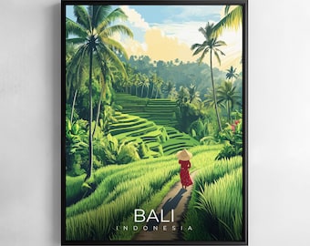 Bali Wall art Indonesia Travel Decor Rice Terrace Illustration Poster