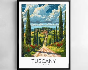 Tuscany Italy Print Travel Wall Art Rolling Hills Countryside Village Landscape Illustration Poster