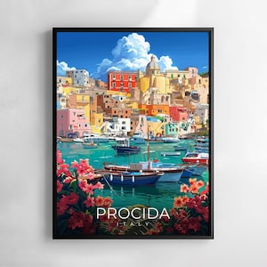 May include: A framed art print of Procida, Italy, featuring a colorful coastal town with buildings in shades of yellow, pink, and orange. The turquoise water is filled with boats, and the foreground has red and pink flowers. The text "PROCIDA ITALY" is at the bottom.
