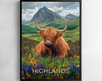 Poster illustrativo di viaggi, arte murale, mucca delle Highlands scozzesi, montagne e paesaggi