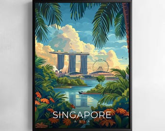 Puede incluir: Una impresión artística enmarcada que presenta una vibrante ilustración de Singapur. La obra de arte muestra el horizonte de la ciudad, incluyendo el Marina Bay Sands y el Singapore Flyer, sobre un fondo de exuberante vegetación, agua y un cielo brillante. La palabra "SINGAPORE" se muestra en la parte inferior.
