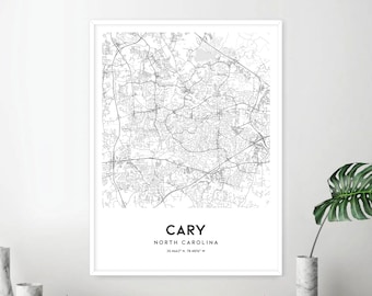 Cary Map Print, Cary Map Poster Wall Art, Nc  City Map, North Carolina Print Street Map Decor, Road Map Gift, D671