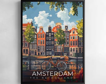 Netherlands Amsterdam Print Travel Wall Art Canal Houses City Illustration Poster