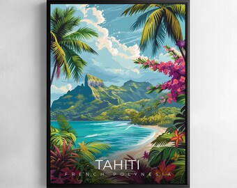 Tahiti French Polynesia Print Travel Wall Art Tropical Island Lagoon Mountain Illustration Poster