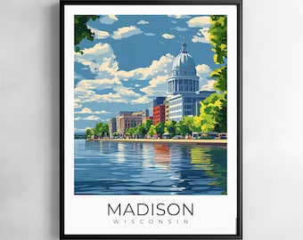 Madison Print Wisconsin Resa Väggkonst Stadslandskap Sjöar Kapitolium Arkitektur Illustration Poster