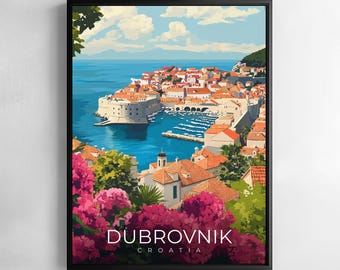 May include: Framed art print of Dubrovnik, Croatia, featuring a coastal city scene. The artwork showcases a vibrant blue sea, red-roofed buildings, and lush pink flowers in the foreground. The city's name is printed in white letters at the bottom.